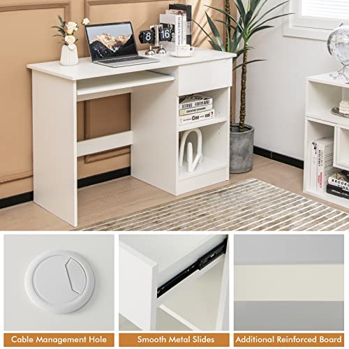 Tangkula White Desk with Drawer, Wooden Computer Desk with Pull-Out Keyboard Tray & Adjustable Storage Shelves, Modern Laptop PC Desk with CPU Stand, Writing Study Desk for Bedroom (White)