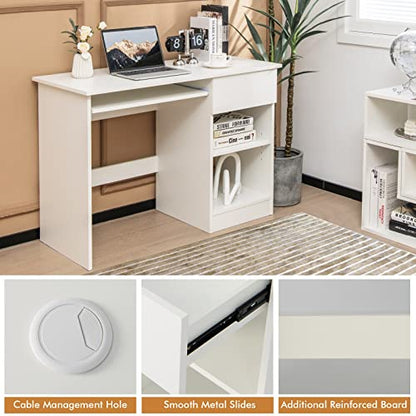 Tangkula White Desk with Drawer, Wooden Computer Desk with Pull-Out Keyboard Tray & Adjustable Storage Shelves, Modern Laptop PC Desk with CPU Stand, Writing Study Desk for Bedroom (White)