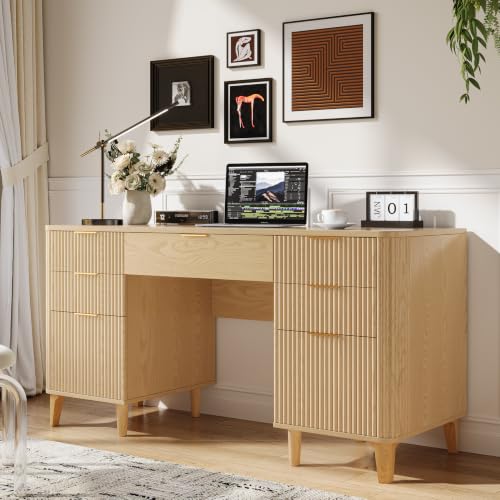 55.1" Fluted Executive Desk with Drawers, Wood Computer Desk with Storage Cabinet, Home Office Desk with Charging Station, Farmhouse Desk with File Cabinet for Office Home (Nature) - color: Nature With 4 Legs