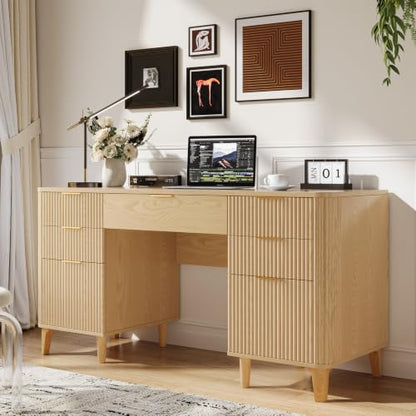 55.1" Fluted Executive Desk with Drawers, Wood Computer Desk with Storage Cabinet, Home Office Desk with Charging Station, Farmhouse Desk with File Cabinet for Office Home (Nature) - color: Nature With 4 Legs