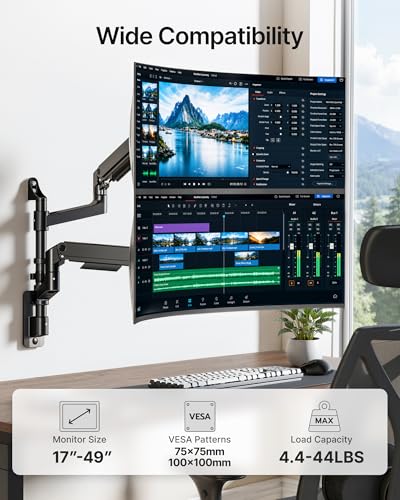 Dual Wall Mount Monitor Arm for 17-49" Ultrawide Screens | Heavy Duty Wall Mount Stand Holds up to 44 LBS - size: Dual