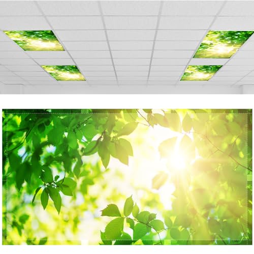 Patelai 4x2 Feet Light Covers for Classroom, Magnetic,Green Leaves | Sky Cloud Print for Office Decor, Drop Ceiling Compatible, 10 Magnets Included, Filters Harsh Fluorescent Lighting - style: Green Leaves
