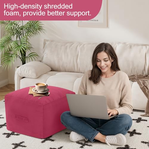 MeMoreCool Square Stuffed Pouf Ottoman Foot Rest, Floor Pouf Foot Stool with Foam Chunk Filling, Soft Stuffed Ottoman Footrest for Living Room - color: Grid Magenta
