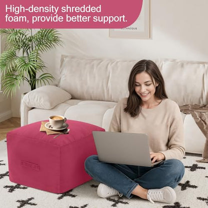 MeMoreCool Square Stuffed Pouf Ottoman Foot Rest, Floor Pouf Foot Stool with Foam Chunk Filling, Soft Stuffed Ottoman Footrest for Living Room - color: Grid Magenta