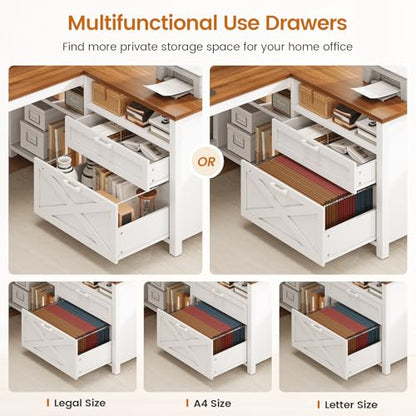 SEDETA Farmhouse L Shaped Desk, 55" Home Office Desk with Drawers and Storage Shelves, L Shaped Gaming Desk with LED Lights, Power Outlet and Monitor Shelf, Brown - color: Brown