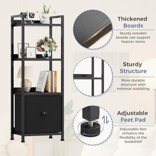 DUMOS 4 Tier Bookshelf with Fabric Drawer, Display Standing Shelf, Black - color: Modern Black, size: 4 Shelf with Fabric Drawer