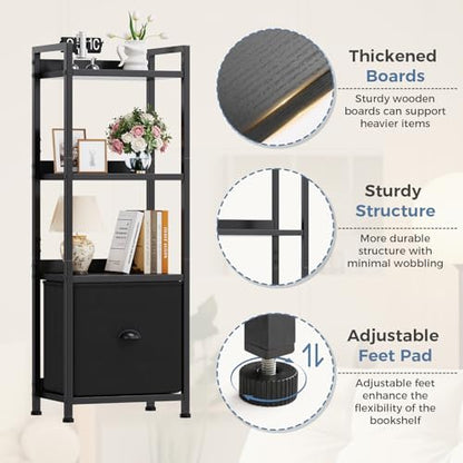 DUMOS 4 Tier Bookshelf with Fabric Drawer, Display Standing Shelf, Black - color: Modern Black, size: 4 Shelf with Fabric Drawer