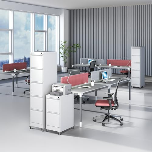 5 Drawer File Cabinet with Wheels, Metal Mobile File Cabinet with Lock, Rolling Filing Cabinet Home Office for Hanging File Folders, Letter Size, Legal Size, A4 Size, Require-Assembled, White - color: White, size: 64.10"H-5 Drawer