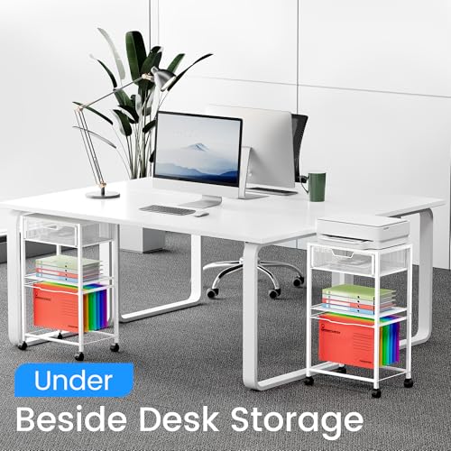 Cawukege 3 Tier Printer Stand, Small Mobile Table with Wheels, Printer Shelf Rolling Cart with Storage Desk Organizer Hanging File for Office Home, White - color: White
