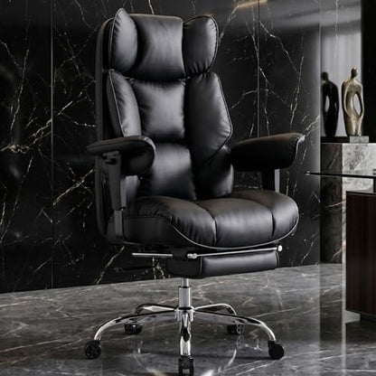 Efomao Executive Office Chair 400lbs, Black Big and Tall Desk Chair | Mattress-grade pocket spring cushion, sleek leather, 135° recline & footrest for computer gaming setup. - color: 3084p-black