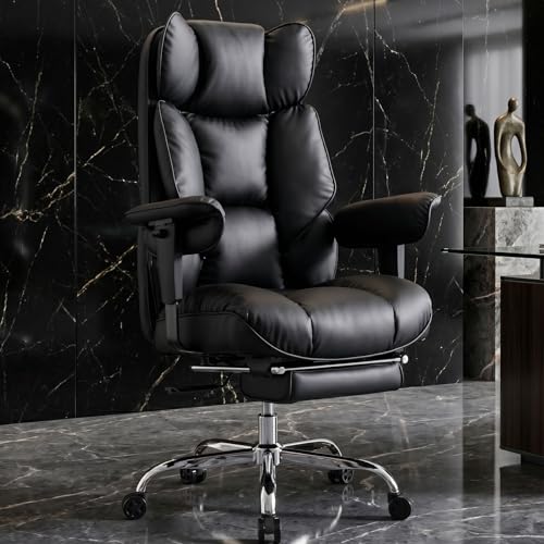 Efomao Executive Office Chair 400lbs, Black Big and Tall Desk Chair | Mattress-grade pocket spring cushion, sleek leather, 135° recline & footrest for computer gaming setup. - color: 3084p-black