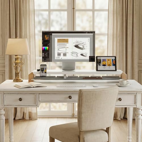 Fenge Monitor Stand with Solid Beech Wood Legs & Sliding Phone Holder