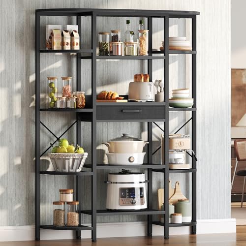 HOOBRO Triple Column 5 Tier Book Shelf, Industrial Bookcase with 12 Open Display Shelves and Fabric Drawer, Wide Bookshelf for Home Office, Living Room, Easy Assembly, Black BB161SJ01