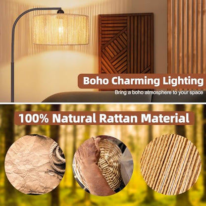 Brilvibera Boho Floor Lamp with Dimmable Bulb Rattan Double Shade Lamp | Stepless Dimmable Bulb and Remote Control, Bronze Rustic Farmhouse Floor Lamps for Living Room, Bedroom, Office, Classroom - style: Retro-Bronze