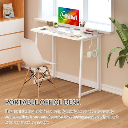 4NM 31.5" Small Folding Desk, Foldable Computer Home Office Desk, Study Writing Table for Small Space Saving Bedroom, Easy Assembly - All White - color: All White, size: 31.5"W x 17.7"D