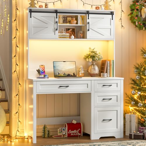 Halitaa Executive Desk with Hutch, Cream White | Farmhouse 67" H Office Table with LED light, 4 Drawers, Charging Station, File Drawers and Storage Cabinet, for Home Office - color: Cream White, size: 4-Drawer with File Drawers & LED Light