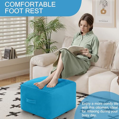 MeMoreCool Square Stuffed Pouf Ottoman Foot Rest, Floor Pouf Foot Stool with Foam Chunk Filling, Soft Stuffed Ottoman Footrest for Living Room, Blue - color: Striped Blue