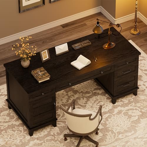 60" Traditional Home Office Desk with Power Outlets, Wooden Executive Desk with File Cabinet and Drawers, Farmhouse Wood Work Desk for Work, Study, Writing, Black - color: Black