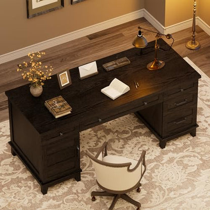 60" Traditional Home Office Desk with Power Outlets, Wooden Executive Desk with File Cabinet and Drawers, Farmhouse Wood Work Desk for Work, Study, Writing, Black - color: Black