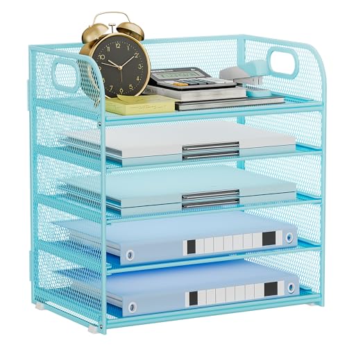 Paper Organizer Letter Tray with Handle Mesh 5-Tier | Stackable Desk Organizer for Files/Paper/Office Supplies, Sturdy Carbon Steel Desk Organizer for Home Office & Classroom - color: Blue, size: 12.6" x 9.1" x 13.4"