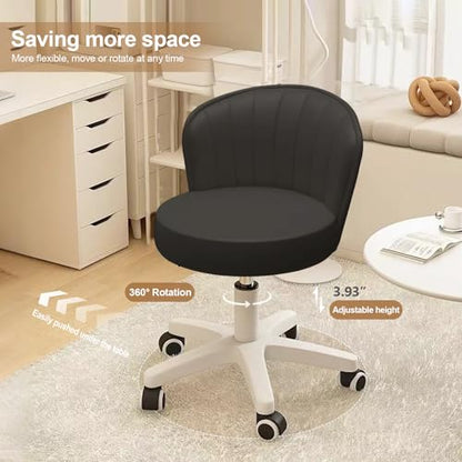 Small Round Rolling Desk Chair Armless Comfy Vanity Computer Chair with Low Backrest PU Leather Height Adjustable Swivel Work Spa Chair - color: Black, style: Set of 1 with backrest