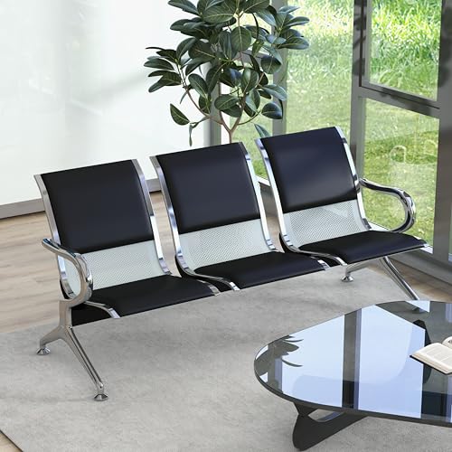 Kinsuite 3-Seat Waiting Room Bench - PU Leather Waiting Room Chairs with Arms & Non-Slip Foot Mats, Reception Chairs Guest Chair for Office Airport Bank Salon, Black - color: Pu Black, size: 3-Seat