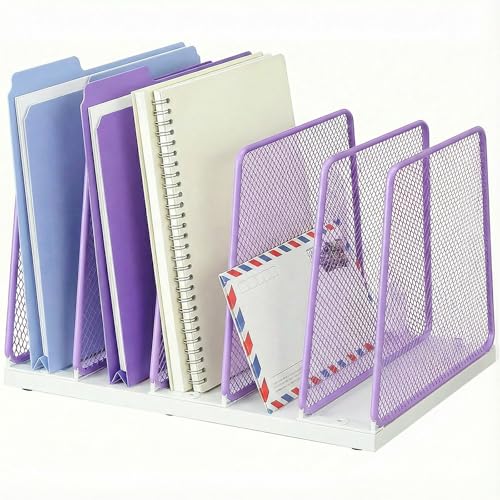 AUPSEN 5-Section File Organizer for Desk, Wood Mesh Desktop File Organizer, File Sorter Storage Rack, Vertical Folder Holder for Files, Magazines, Books (Purple) - color: Purple