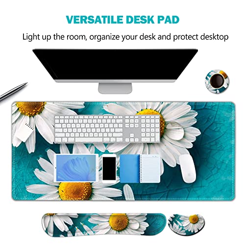 ARTSO Large Gaming Mouse Pad Set, Keyboard Wrist Rest Support + Mouse Wrist Cushion + Extended Mousepad + Coaster, 35x15.5in Multifunctional Desk Mat 4pcs, Cute Daisy - color: Cute Daisy