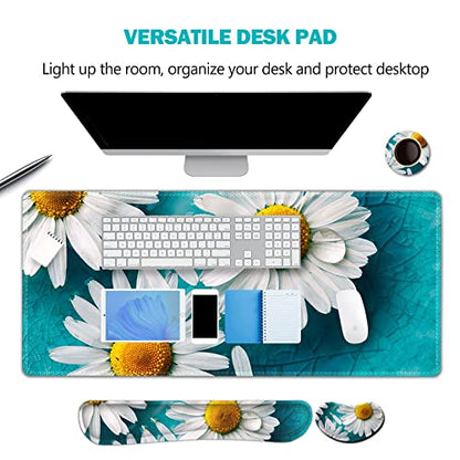 ARTSO Large Gaming Mouse Pad Set, Keyboard Wrist Rest Support + Mouse Wrist Cushion + Extended Mousepad + Coaster, 35x15.5in Multifunctional Desk Mat 4pcs, Cute Daisy - color: Cute Daisy