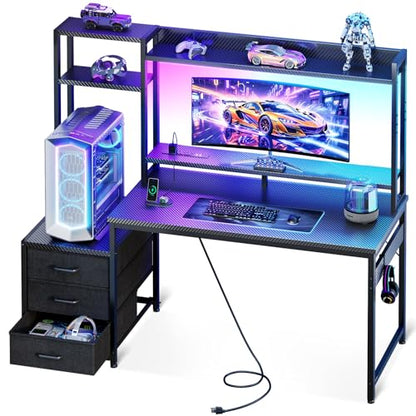Casaottima 48 Inch Gaming Desk with Shelves & Hutch & 3 Drawers & LED Light | Reversible PC Desk with Tower Stand & Power Outlets, Computer Desk for Home Office, Carbon Fiber Black - size: 48 inch