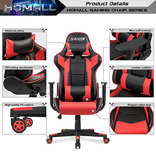 Homall Gaming Chair, Office Chair High Back Computer Chair Leather Desk Chair Racing Executive Ergonomic Adjustable Swivel Task Chair with Headrest and Lumbar Support (Red) - color: Red