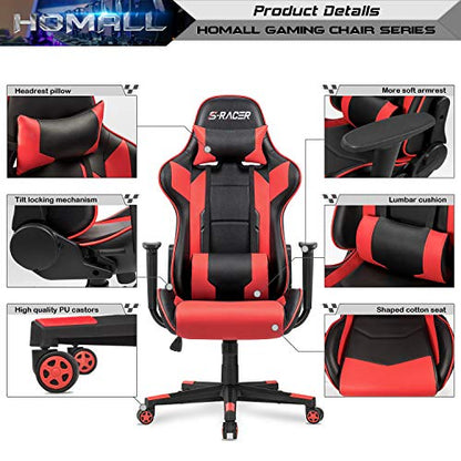 Homall Gaming Chair, Office Chair High Back Computer Chair Leather Desk Chair Racing Executive Ergonomic Adjustable Swivel Task Chair with Headrest and Lumbar Support (Red) - color: Red