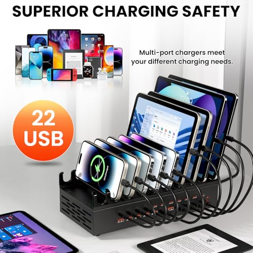 300W USB Charging Station for Multiple Devices - 22 Ports Desktop Multi Fast Charger Station with Device Organizer Stand & Multi Protection, USΒ Power Strip Suitable for Home Office School Studio