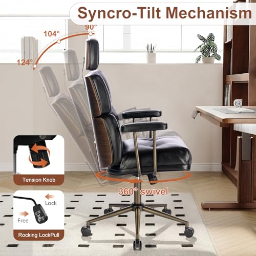 Mid-Century Modern Ergonomic Office Chair, High Back Headrest, Black | Faux Leather Executive Desk Chair, Walnut Bentwood & Adjustable Headrest, Swivel Computer Chair for Home Office, 300LBS Cap - color: Black, size: High Back Style