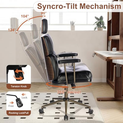 Mid-Century Modern Ergonomic Office Chair, High Back Headrest, Black | Faux Leather Executive Desk Chair, Walnut Bentwood & Adjustable Headrest, Swivel Computer Chair for Home Office, 300LBS Cap - color: Black, size: High Back Style