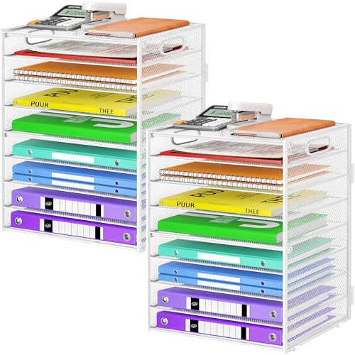 Cawukege 9 Tier Paper Organizer with Handle, Large Capacity Desk Organizer Mesh Paper Letter Tray File Folder Document Sorter for Classroom and Office Accessories Organization- White (2 Pack) - color: 2 Pack - White