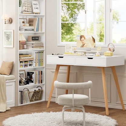 FOTOSOK White Writing Desk with 2 Drawers, Small Desk Makeup Vanity Table | Wood Computer Desk with 4 Solid Oak Legs, Home Office Desk & Study Table, Mid Century Desk for Bedroom Small Spaces, White - color: White and Oak