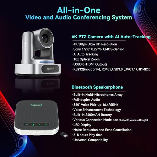 TONGVEO 4K AI 10X PTZ Conference Camera System＆ Bluetooth Speakerphone | 10X Optical Zoom 4K Video Camera, AI Auto Tracking 116° Wide-Angle, 16.4ft Audio Pickup Microphone for Church Worship - color: Silver