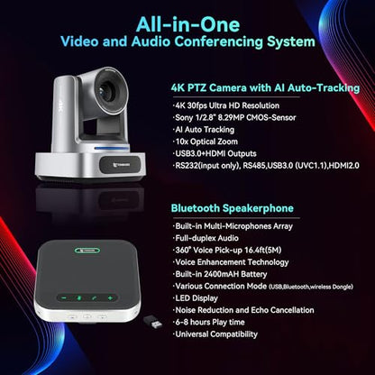 TONGVEO 4K AI 10X PTZ Conference Camera System＆ Bluetooth Speakerphone | 10X Optical Zoom 4K Video Camera, AI Auto Tracking 116° Wide-Angle, 16.4ft Audio Pickup Microphone for Church Worship - color: Silver