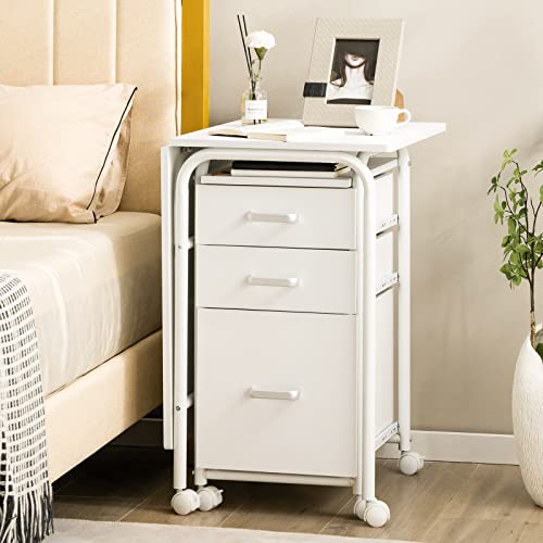Tangkula White Folding Desk with 3 Drawers, Mobile Home Office Desk Study Writing Desk with Smooth Wheels, Space Saving Compact Table for Dorm Apartment, Rolling Couch Desk Table - color: White