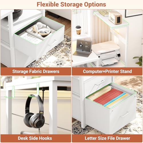Aheaplus Gaming Desk with LED Strip & Power Outlet, 59Inch Reversible Computer Desk with Monitor Stand & Storage Shelves, Home Office Desks with Fabric File Drawer, Gamer Table PC Desk, White - color: White