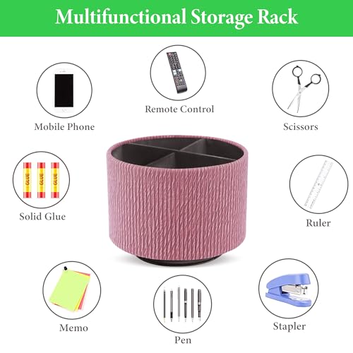 Round Leather Art Supply Organizer,Remote Control Holder,360 Degree Spinning,Multi-Functional Pencil Holder,4 Compartments Desktop Stationary Organizer(1-Wood Pink) - color: 1-Wood Pink