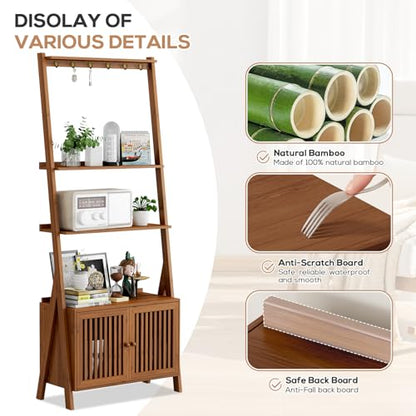 Bookcase with Drawers, Ladder Shelf 4-Tier Bamboo Bookshelf with 6 Hooks - color: 4-tier Walnut