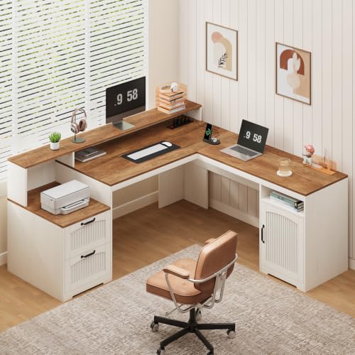 Farmhouse L Shaped Desk with Drawers & Printer Shelf for Home Office - color: Brown and White