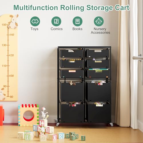 EasyPAG Rolling Storage Cart With 10 Drawers, Metal Craft Organizers with Wood Tabletop for Home, Letter/Legal Size Rolling File Cart for Office, Classroo and Dorm, Black - size: 10 Drawers