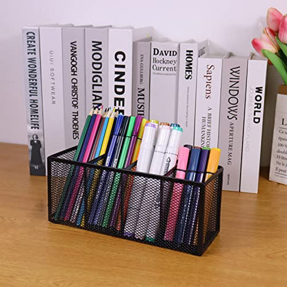 2PCS Black Mesh Pen Pencil Holder, Metal Desk Organizer Desktop Stationery Office Supplies Acessories Storage Stand, 4 Compartments Brushes Holder for Home School Classroom Teachers - size: 2pcs 4 Grids