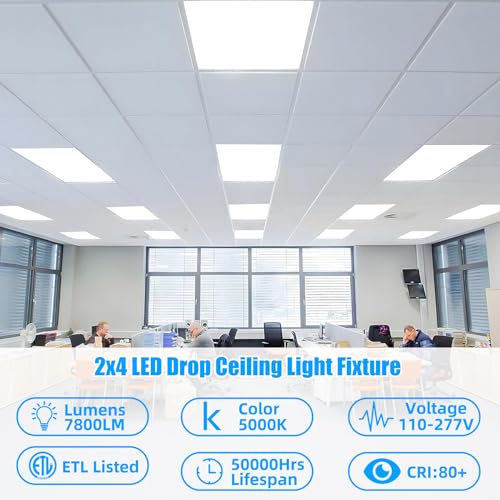 4 Pack 2x4 LED Flat Panel Light Drop Ceiling Light Fixture,7800 LM | 2x4 FT Edge-Lit LED Flat Panel Light,5000K 0-10V Dimmable Recessed Drop Ceiling Fixture for Office Retail Shop,ETL