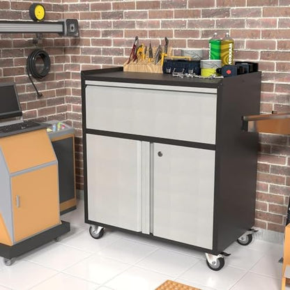 Rolling Garage Storage Cabinet with Door and Drawer, Lockable Metal Tool Cabinet on Wheels for Garage, Home, Office, Black & Gray, Assembly Required, (18.11" D x 30.31" W x 35.43" H) - size: 18.11" W x 30.29" D x 35.42" H