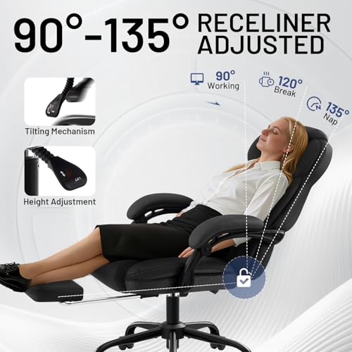 Ergonomic Office Chair with Footrest,PU Leather Executive Desk Chair Padded Linkage Armrests,Lumbar Support,Swivel Computer Chair for Home Office & Gaming,Black - color: Black