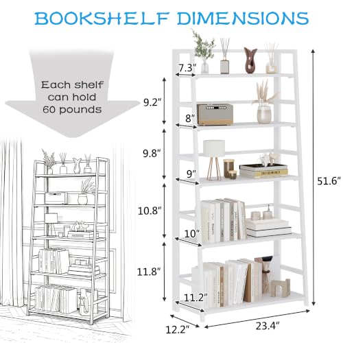 JSB 5 Tier Bookshelf, No Assembly Folding Ladder Bookshelf, 51.6in Tall Foldable Ladder Shelf, Bookcase for Home Office, Living Room,Space-Saving (All White, 5 Tier) - color: All White